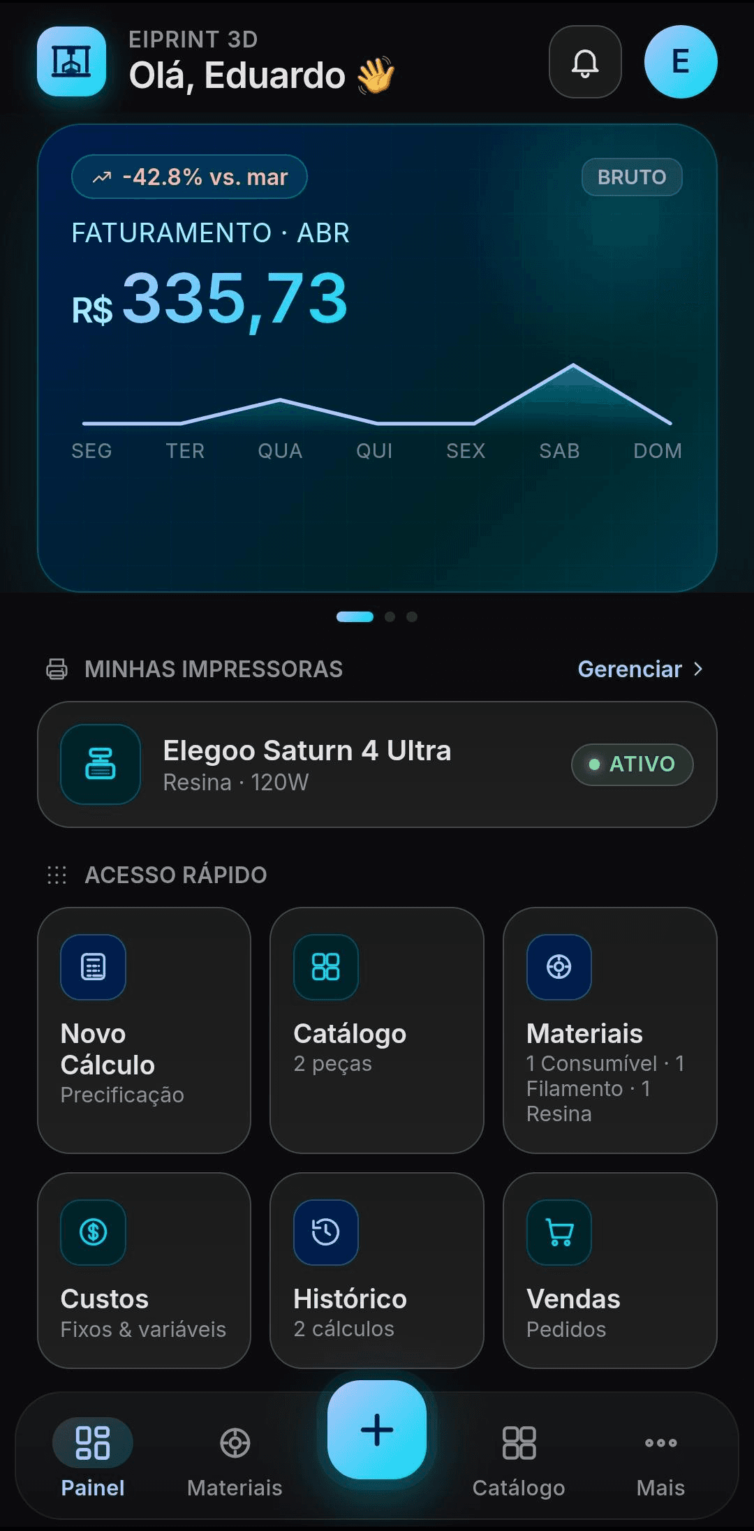 Painel inicial do app EiPrint Android com faturamento, impressoras ativas e acesso rapido